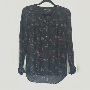 Eddie Bauer  Purple & Green Floral Semi Sheer Long Sleeve Crinkle Shirt Size M